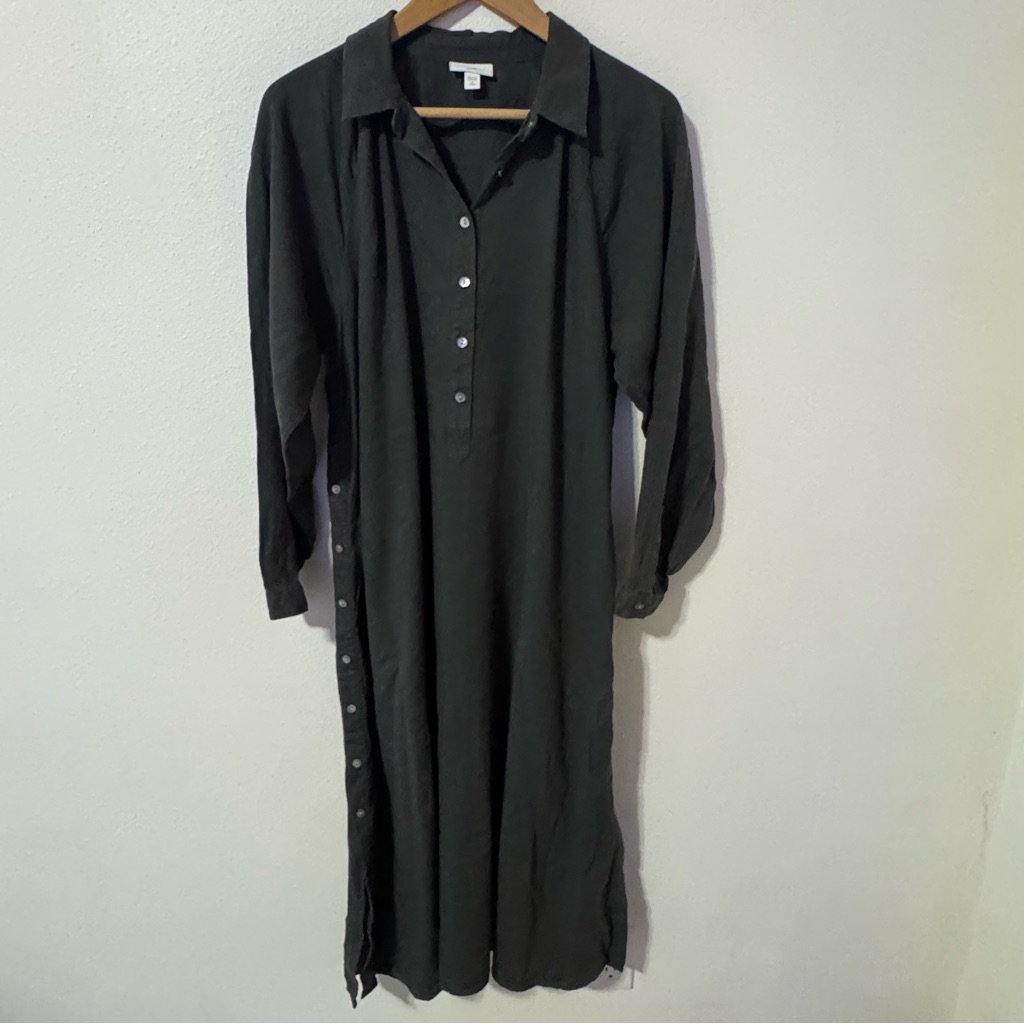 J Jill Linen Long Sleeve Midi Shirt Dress Gray Side Seam Buttons-Medium Petite